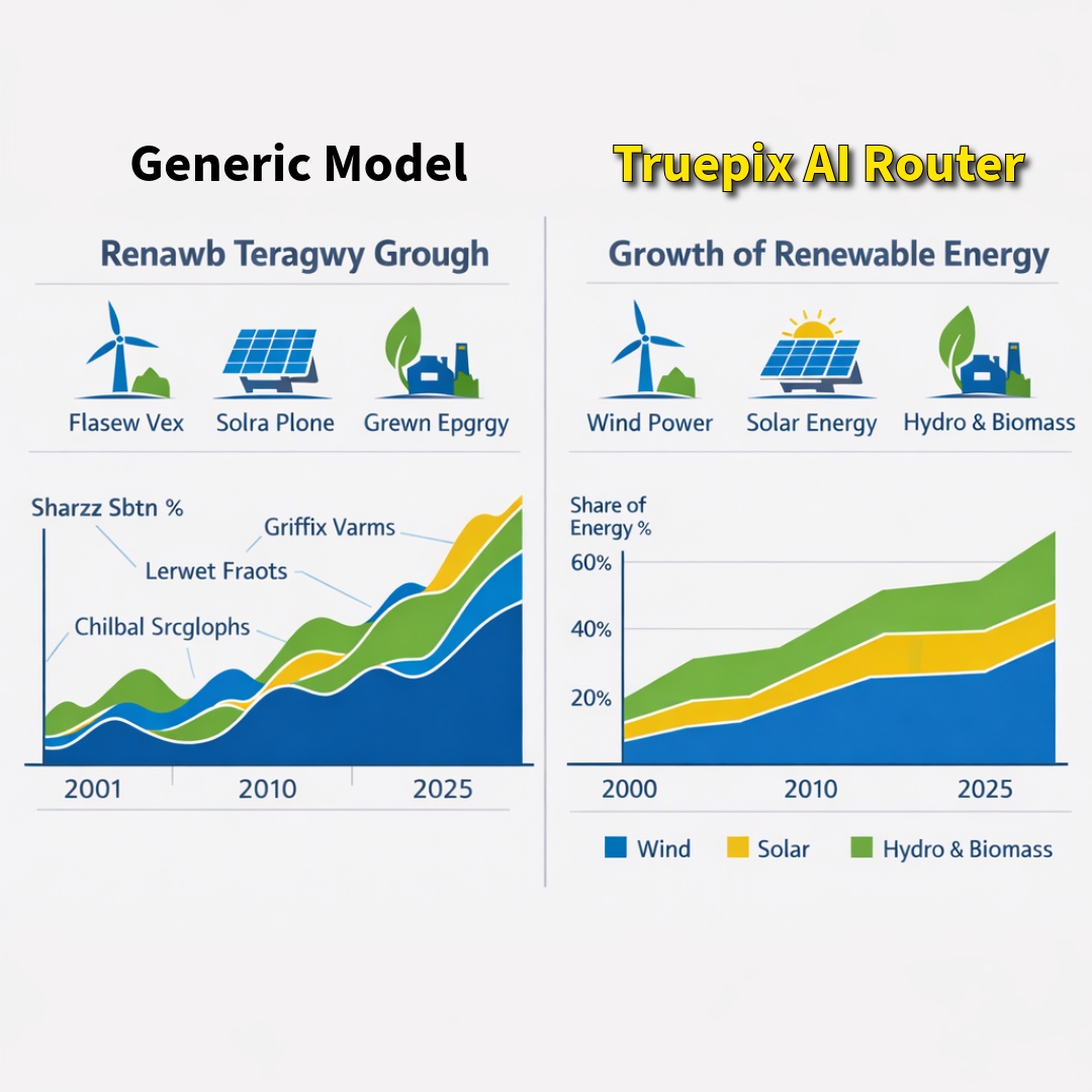 Comparison between a generic AI model failing at text versus Truepix Intelligent Routing succeeding