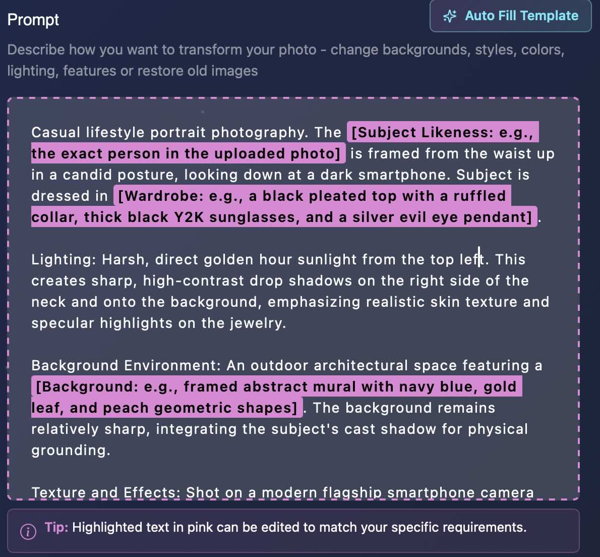 Truepix AI Create Template screen showing editable variables extracted from a model reference image