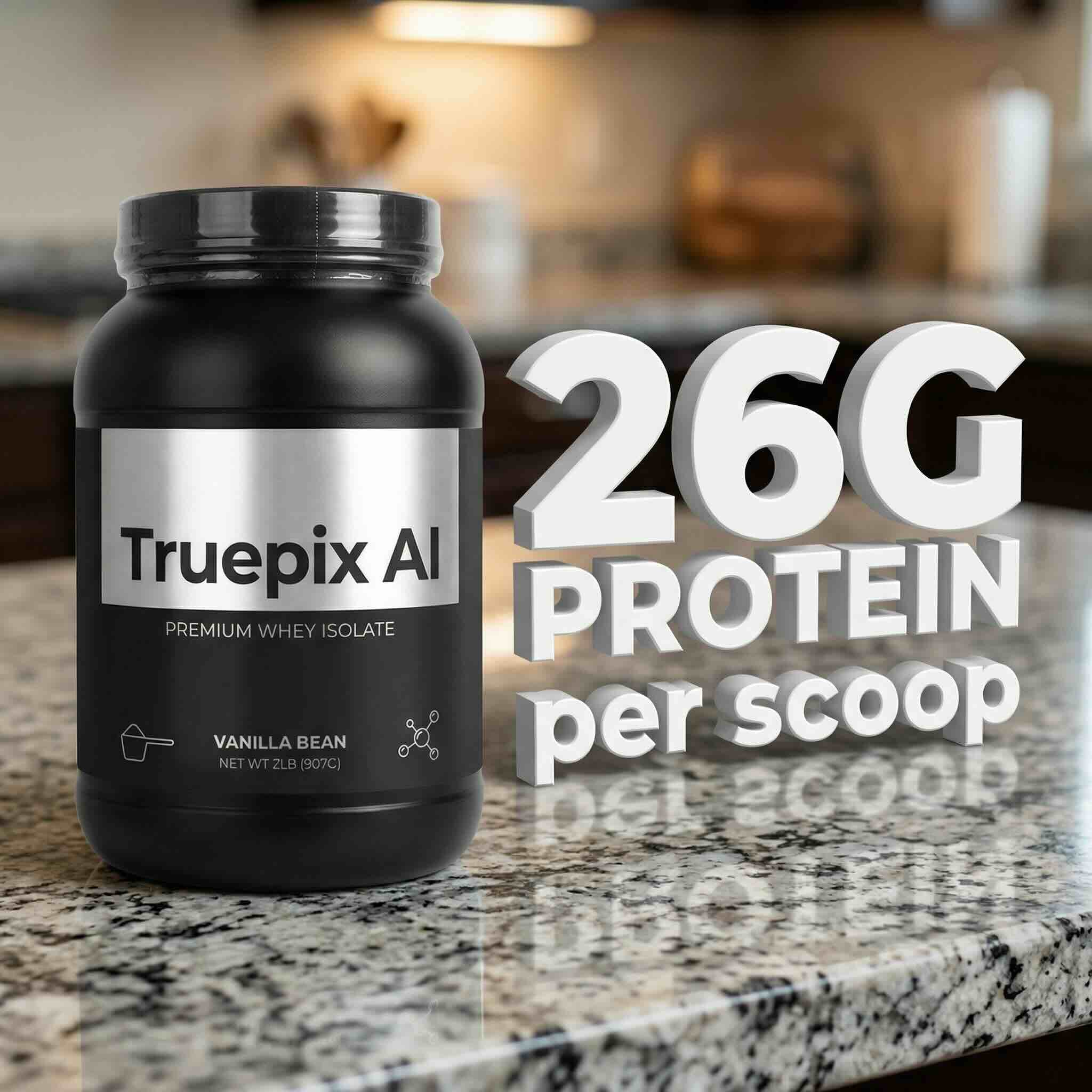 Truepix AI rendering 3D text on a kitchen counter next to protein powder